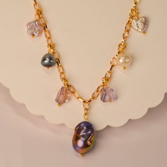 Pearl & Ametrine Charm Necklace - 16.5" to 18.5" - Picture 4 of 8